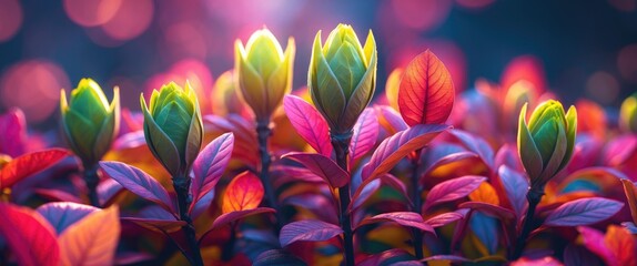 Poster - Vibrant new leaves in varying colors illuminated from behind creating a dreamy natural setting with selective focus for a tranquil ambiance.