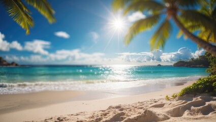 Poster - Tropical beach scene with blurred background featuring sunlight, sandy shore, and shimmering ocean water ideal for summer vacation concepts.