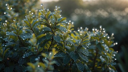 Poster - Morning dew droplets glistening on vibrant green bushes in soft natural light showcasing a peaceful and serene garden atmosphere.