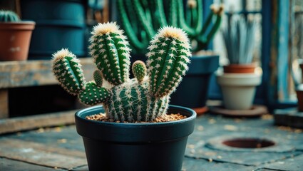 Wall Mural - Lobivia Cactus in Black Pot with Vibrant Greenery Background and Space for Text in Cozy Indoor Setting