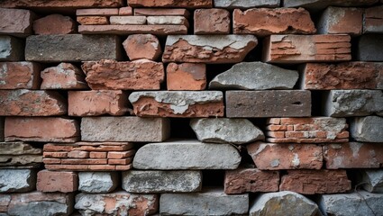 Poster - Weathered bricks and stones wall texture showcasing rustic architectural beauty and natural patterns for backgrounds and design projects.