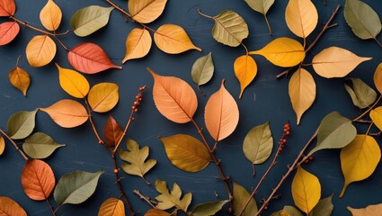 Poster - Colorful Autumn Leaves and Twigs Arrangement on Classic Dark Background