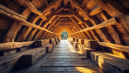 Poster - Rustic oak wood interior showcasing structural beams and warm light creating an inviting atmosphere for backgrounds and design projects.