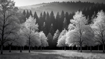 Poster - Monochrome forest landscape with distinct trees creating a serene and tranquil atmosphere in black and white tones.