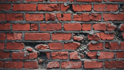 Poster - Weathered red brick wall with rough texture showcasing significant damage and imperfections in the brickwork revealing its aged character.