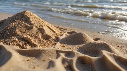 Poster - Close-up of natural sea sand on a beach with gentle waves creating a soft, sandy texture in the foreground under warm sunlight.