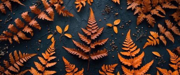 Poster - Autumn fern leaves in rich warm tones on a dark background creating a natural texture for modern design and wallpaper use. High resolution.