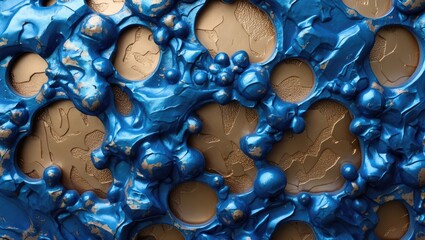 Fototapete - Blue metallic texture with organic shapes and golden accents creating a dynamic visual contrast in a close-up abstract background.
