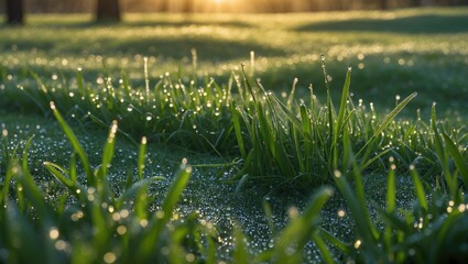 Poster - Dew drops glistening on fresh spring grass at sunrise creating a serene and tranquil morning landscape background.