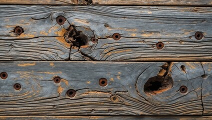 Poster - Weathered Gray Pine Wood Floorboards with Knots Cracks and Rusty Screws Detail in Rustic Aesthetic Design