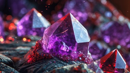 Poster - macro photography of sparkling amethyst crystals showcasing vibrant purple hues and striking hematit