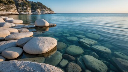 Poster - Serene Coastal Landscape with Clear Calm Sea and Smooth Pebbles Underneath Bright Sky for Tranquil Natural Scenery and Relaxation Themes