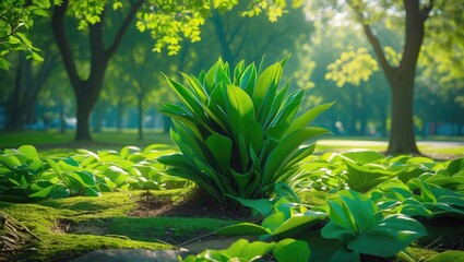 Poster - Lush greenery and vibrant foliage in a serene park setting showcasing the beauty of nature's plants and tranquil environment.