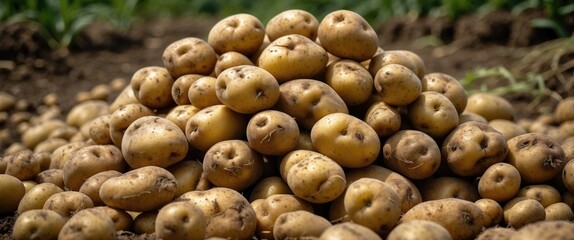 Wall Mural - Close-up of freshly harvested potatoes showcasing rustic earthy tones and varied sizes perfect for food and agricultural themes.