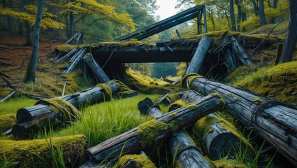 Poster - Abandoned bridge with overgrown mossy logs and vibrant green grass in a tranquil forest setting, evoking nature's reclamation of old structures.
