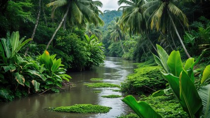 Sticker - Lush Green Riverbank Surrounded by Tropical Plants and Palm Trees in a Serene Natural Landscape