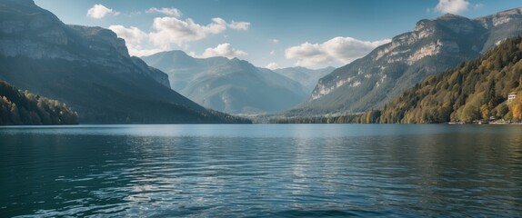 Sticker - Tranquil mountain lake reflection scenery with clear blue water and ample space for text overlay in a serene natural landscape.