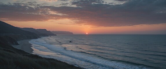 Poster - Serene Coastal Sunset Over Calm Waves With Soft Light And Space For Text In The Sky