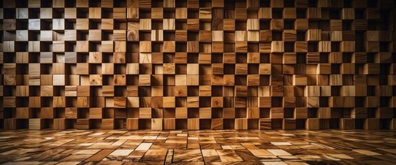Poster - Wooden mosaic wall cladding and floor tiles showcasing an intricate design ideal for modern interior decor featuring natural textures.