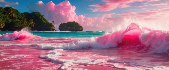Poster - Tropical beach with vibrant pink waves and lush green islands under a colorful sky, creating a stunning coastal landscape.