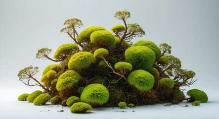Poster - Lush green moss with intricate textures forming a vibrant organic landscape on a white isolated background. Perfect for nature themes.