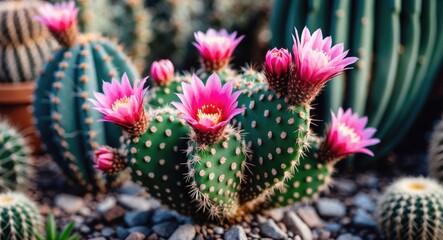 Wall Mural - Vibrant Mammillaria Cactus Displaying Beautiful Pink Flowers Thriving in a Desert Environment Ideal for Home Decoration and Indoor Gardening.