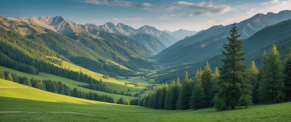 Poster - Scenic mountain range view featuring lush green meadows and pine forests in a serene valley landscape with space for text overlay.