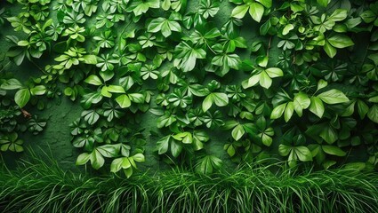 Poster - Lush green foliage wall texture with grass for natural backgrounds, ideal for nature-themed designs and eco-friendly projects.