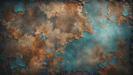 Poster - Textured grunge background with rusty patches and vibrant turquoise tones suitable for creative designs and artistic projects.