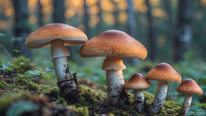 Poster - Mushroom Cluster in Forest with Soft Background and Space for Text Overlay