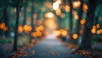 Poster - Soft Bokeh Lights in Autumn Forest Pathway Creating a Tranquil Natural Atmosphere for Background or Wallpaper Use
