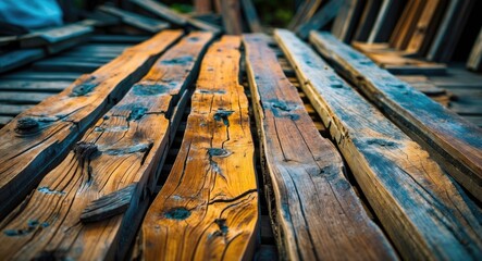 Poster - Weathered teak decking planks showcasing rich textures and colors, arranged in a natural outdoor setting, ideal for rustic design themes.