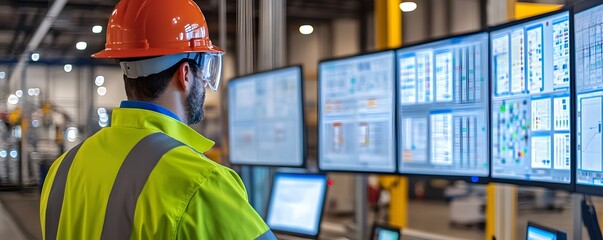 Poster - A worker in a bright safety vest and helmet monitors advanced technology on multiple screens in a modern industrial setting, showcasing the integration of safety and innovation.