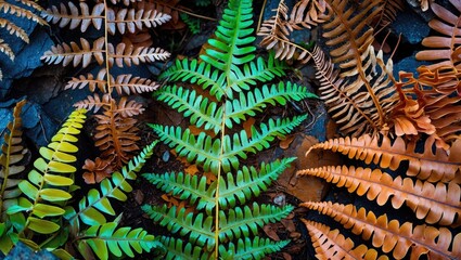 Poster - Vibrant Macro Shot of Ancient Fern Leaves Showcasing Natural Textures and Patterns in Vivid Green and Earthy Tones for Modern Design Use