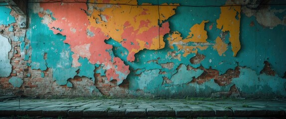 Poster - Vintage peeling wall with vibrant colors and textures creating a rustic urban background for design projects and artistic endeavors.