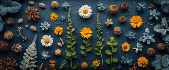 Poster - Botanical flat lay composition with assorted flowers, leaves, and natural elements on textured blue background for creative design projects