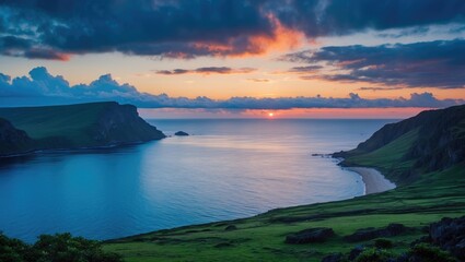 Sticker - Dramatic coastal landscape at sunset with vibrant clouds and tranquil waters highlighting natural beauty and serenity in the blue hour.