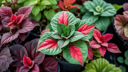 Poster - Vibrant close-up of colorful Coleus leaves showcasing intricate red and green patterns in a lush garden setting with selective focus.