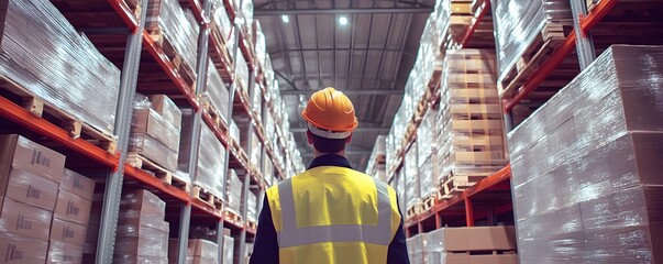 Poster - A worker in safety gear inspects shelves filled with boxes in a modern warehouse, emphasizing efficiency and organization in storage and logistics operations.