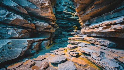 Poster - Textured natural stone background with layered rock formations in a canyon setting, ideal for wallpaper and design applications.