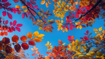 Poster - Vibrant autumn leaves in Malabar viewed from below against a bright blue sky showcasing rich fall colors and serene natural beauty.