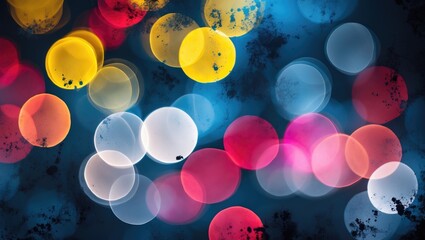 Poster - Colorful bokeh lights in soft blue tones creating an abstract background with round shapes in yellow, red, pink, and white elements.