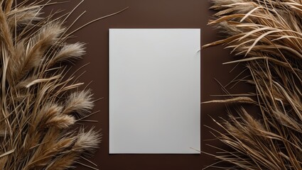 Poster - Blank paper on dark brown background surrounded by dried grass for greeting cards, invitations or stationery mockup design.