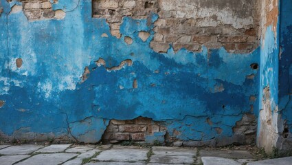 Poster - Weathered blue wall with peeling paint and cracked textures, creating a vintage urban background for creative design projects.