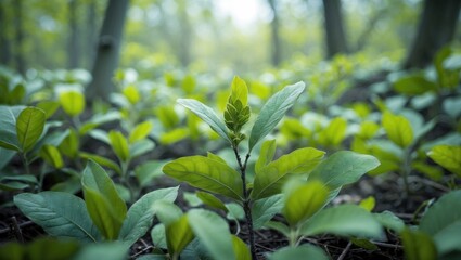 Poster - Vibrant Green Leaves Emerging in Springtime Natural Landscape with Lush Botanical Textures and Eco-Friendly Atmosphere