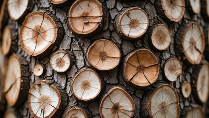Poster - Unique Close-Up of Natural Tree Bark and Wood Texture with Circular Cross-Sections for Background Design and Artistic Projects
