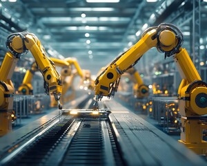 Poster - Advanced robotic arms operate in a modern manufacturing facility, showcasing automation and cutting-edge technology in the production process with bright lighting.