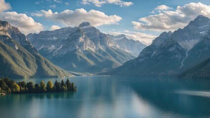 Poster - Serene Mountain Landscape Reflecting in Tranquil Lake Under Clear Blue Sky