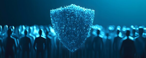 Poster - An abstract representation of digital security, featuring a shield composed of particles against a backdrop of silhouettes