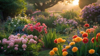 Poster - Vibrant Morning Garden Blooms with Colorful Flowers Illuminated by Soft Sunrise Light